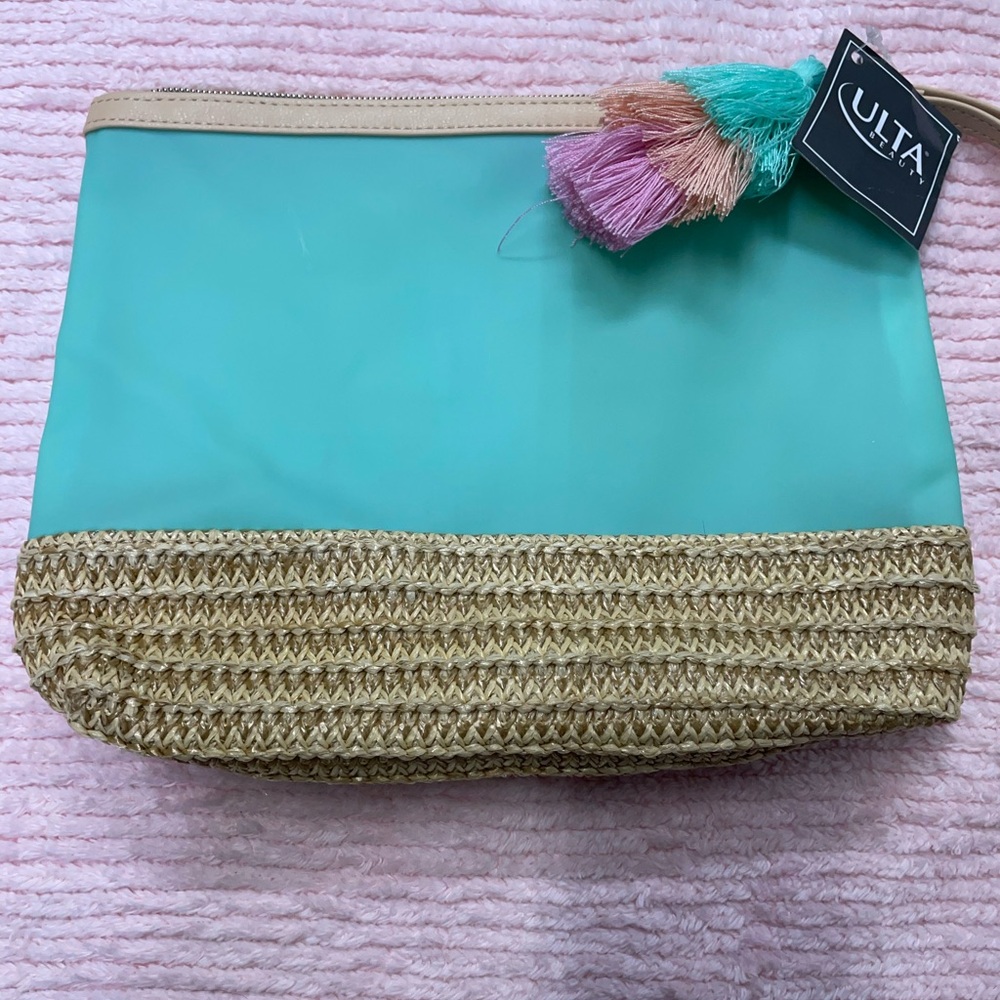 Ulta Beauty Women's Light Green with Faux Straw Handle with Tassel Cosmetic Bag